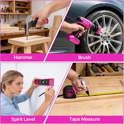 Miniatura 6 de Juego de taladro inalámbrico rosa de 8V, kit de herramientas de taladro Pink Power de 64 piezas para mujeres, juego de destornillador eléctrico