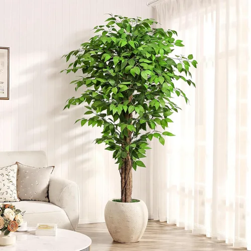 Miniatura 9 de Árboles artificiales de ficus de 3 pies con troncos naturales curvados, árbol exuberante de 36" de altura, árbol falso de ficus realista en verde