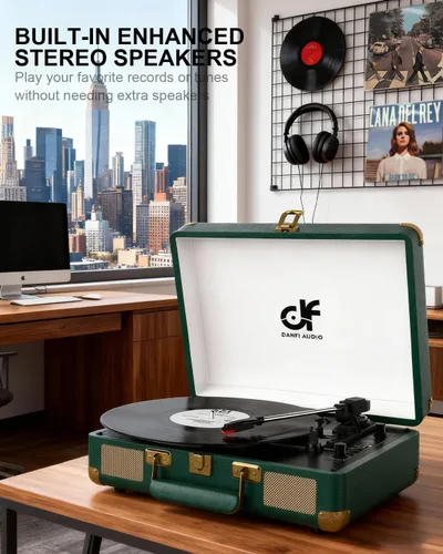 Miniatura 2 de Tocadiscos de vinilo Bluetooth de 3 velocidades portátil tipo maleta con altavoces integrados, grabación USB de vinilo a MP3, RCA, AUX y salida