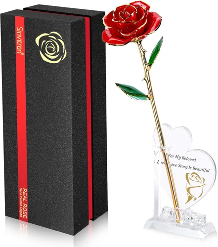 Miniatura 21 de Sinvitron Rosa Infinita Bañada en Oro - Rosa Eternamente Preservada en Resina Flor Eterna para Decoración de Cumpleaños, Día de la Madre, Rojo