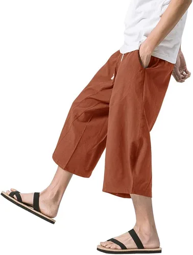 Miniatura 3 de MAGNIVIT Pantalones capri de lino y algodón para hombre, ajuste holgado, cintura elástica, pierna ancha, pantalones harén holgados