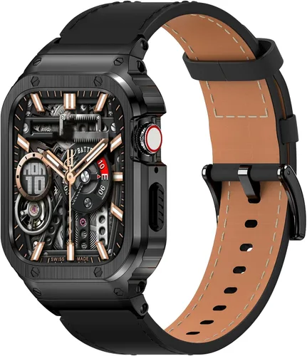 SUPLINK Correa de cuero con funda de acero inoxidable para Apple Watch Ultra 3/2/1 y SE 3/2/1 y Series 11 10 9 8 7 6 5 4 3 2 1 1.929 in 1.811 in