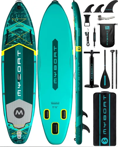 Miniatura 12 de MYBOAT Tabla de remo inflable extra ancha de 11 pies y 6 pulgadas x 34 pulgadas x 6 pulgadas, tabla de remo de pie para pesca, tabla de sup con 3