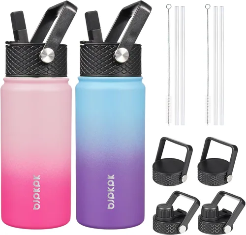Miniatura 23 de BJPKPK Paquete de 2 botellas de agua aisladas con tapas con pajita, botella de agua de metal de acero inoxidable de 18oz con 6 tapas, jarras a