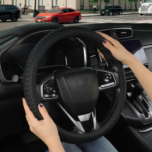 Miniatura 2 de Cubierta de volante de cuero para hombres, con patrón tejido negro, accesorios para auto, antideslizante, segura, suave, transpirable, adaptable a
