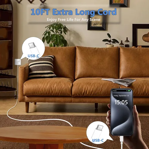 Miniatura 5 de Cargador de carga rápida de 10 pies para iPhone 17, 16, 15, cable largo USB C a C con bloque de carga rápida de teléfono tipo C de 20 W para iPhone