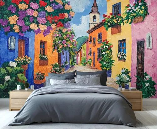 Miniatura 14 de Papel tapiz 3D de bicicleta rosa vintage, murales de flores de paisaje de primavera para sala de estar, pintura al óleo, papel tapiz rústico