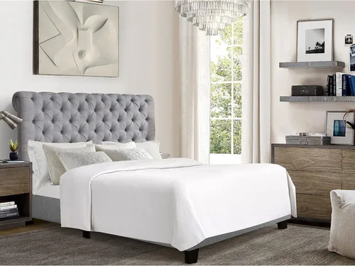 Miniatura 8 de Rosevera Atherine - Marco de cama tapizado de tela con cabecera ajustable, estilo Chesterfield, cabeza enrollada, soporte de listones de madera