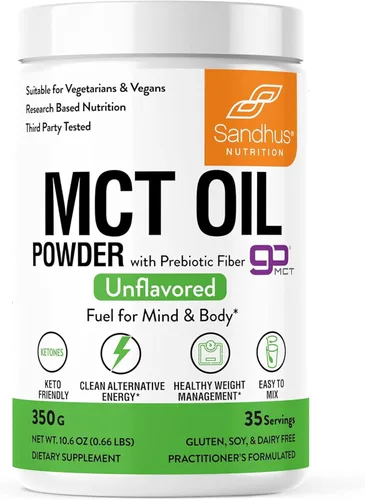 Sandhu's MCT Aceite en polvo con fibra prebiótica | 35 porciones | Orgánico - Keto | Combustible de ácidos grasos para cuerpo y cerebro | 100%