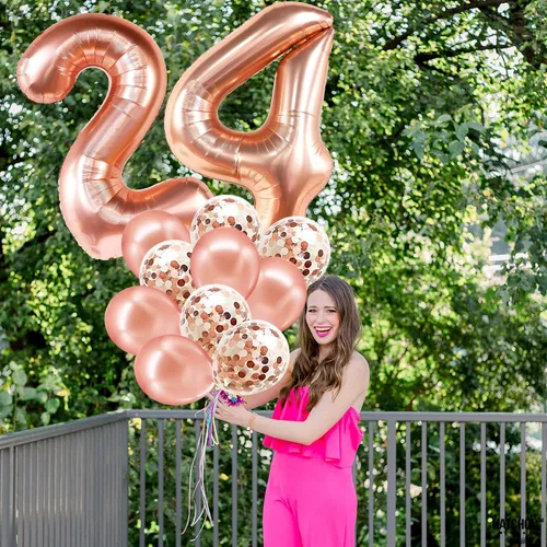 Miniatura 3 de KatchOn, Globos de oro rosa con el número 24, 40 pulgadas, globos de cumpleaños 24 para mujer, globos del número 24 con globos de confeti