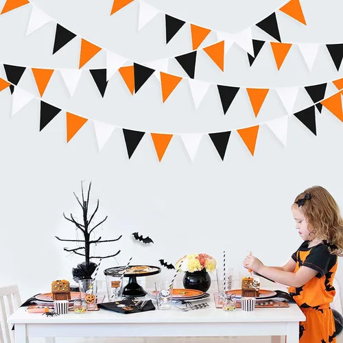 Miniatura 6 de Decoraciones de fiesta de Halloween naranja y negro de 32 pies, banderines de tela de araña, calavera y murciélagos, banderines triangulares