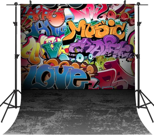 Miniatura 5 de Telones de fondo de fotografía de graffiti de 5 x 3 pies, colorido hip hop urbano temática sesión de fotos de regreso a la fiesta temática