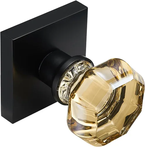Miniatura 7 de Picaporte de vidrio dorado champagne para puerta de pasaje – Manija interior de cristal sin bloqueo con roseta cuadrada negra mate – Estilo elegante