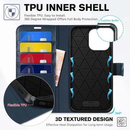 Miniatura 5 de Funda TUCCH para iPhone 14 Pro Max, tipo cartera, [Capa interior a prueba de golpes de TPU], cuero PU [con bloqueo RFID] con soporte magnético