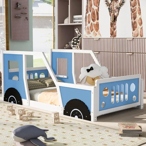 Miniatura 3 de SOFTSEA Cama de suelo tamaño individual con forma de automóvil con ruedas, marco de cama Montessori con valla y puerta para niños y niñas, soporte
