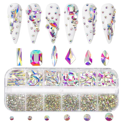 Miniatura 2 de Kit de diamantes de imitación para uñas, 1500 piezas de diamantes de imitación redondos con parte trasera plana, gemas de uñas AB multiformas, 0.3