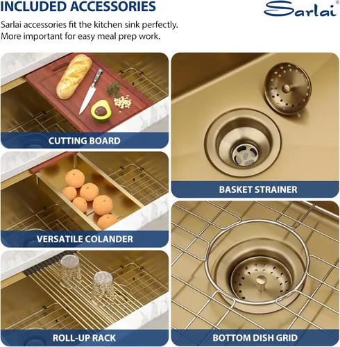 Miniatura 6 de Sarlai Fregadero de Cocina Dorado Bajo Encimera de 33 Pulgadas Doble Tazón 33 x 19 Pulgadas Bajo Dividido Dorado Estación de Trabajo Fregadero Doble
