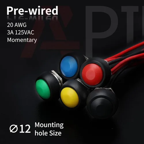 Miniatura 6 de APIELE Interruptor de botón momentáneo de 0.472 in Mini interruptor redondo impermeable 1A 250V AC SPST NO 2 Pin PBS-33B con cable pre-soldado 6