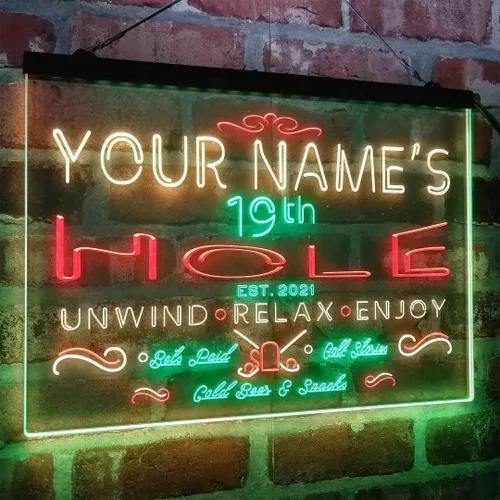 Miniatura 7 de Personalized 19th Hole Golf Club Tri-Color LED Neon Light Sign Customize Name Date Text Quote Font Green & Red & Yellow 13 x 8.7 Inches
