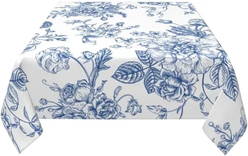Miniatura 3 de BETGINY - Mantel cuadrado floral azul de 54 x 54 pulgadas, mantel decorativo de estilo chinoiserie con flores, tela rústica lavable para granja
