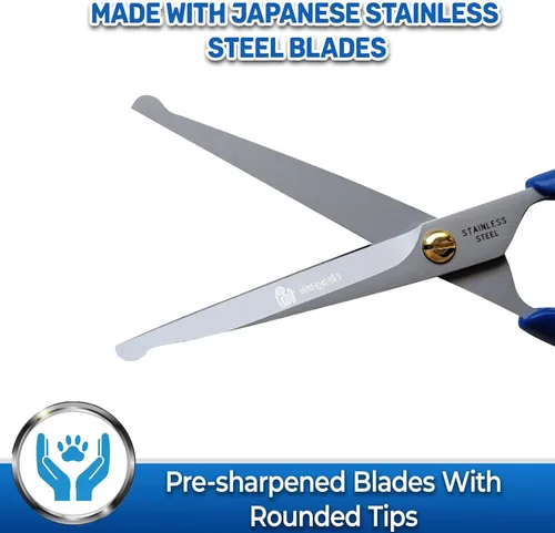 Miniatura 5 de Pet Magasin Tijeras japonesas de acero inoxidable (2) para vello facial y más grandes para recortar el cuerpo con punta redonda (azul)