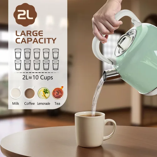 Miniatura 3 de Hervidor de té eléctrico, 1500 W para agua hirviendo, hervidor de té de acero inoxidable de grado alimenticio de 2 litros con mango ergonómico