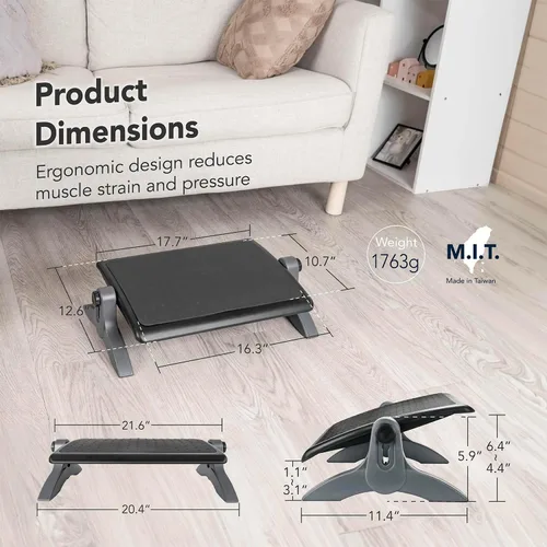 Miniatura 9 de EHO Otomano, reposapiés ergonómico para debajo del escritorio, altura y ángulo ajustables, plataforma de goma, antideslizante, soporte de tobillo