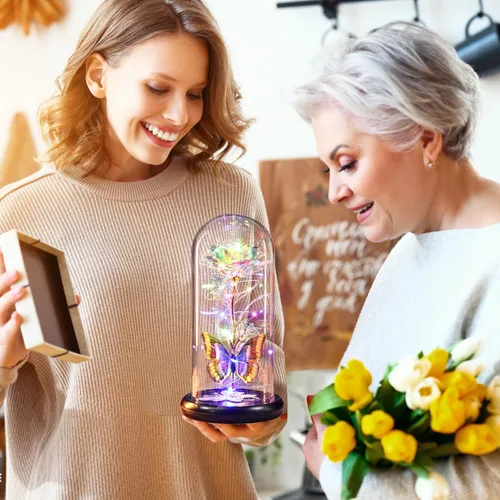 Miniatura 3 de Regalos de cumpleaños para mujer, rosa colorida con luz eterna en cúpula de cristal con mariposa, flores de Navidad para mamá, regalo de hija