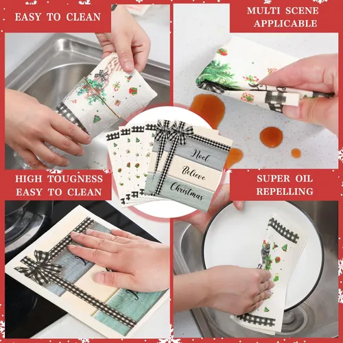 Miniatura 5 de Yinder 6 Piezas Paños de Cocina Suecos de Navidad para Mesa Paños de Platos Reutilizables de Navidad Paños de Limpieza Absorbentes de Secado Rápido