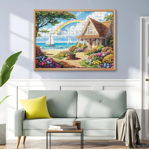 Miniatura 6 de Rompecabezas de 500 piezas para adultos, rompecabezas acogedor de cabaña de playa de 500 piezas, rompecabezas vibrante de cielo arcoíris, perfecto
