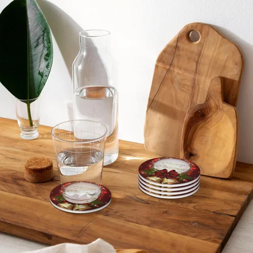Miniatura 7 de Juego de 4 posavasos rojos de Navidad para mesa de café, tazas, bar, cerveza, escritorio, posavasos redondos de cerámica absorbente para mesa