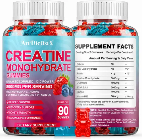 Miniatura 12 de Gomitas de monohidrato de creatina de 8000 mg con BCAA, L-carnitina, taurina y vitamina B12, suplemento preentrenamiento para crecimiento muscular
