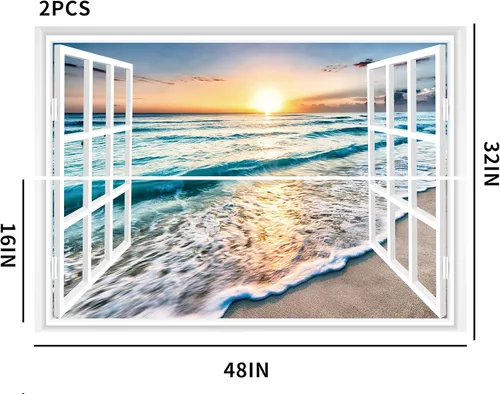 Miniatura 2 de FLFK Adhesivo de pared con ventana falsa - Mural de pared con ventana falsa de atardecer en la playa para decoración de pared, adhesivos de pared