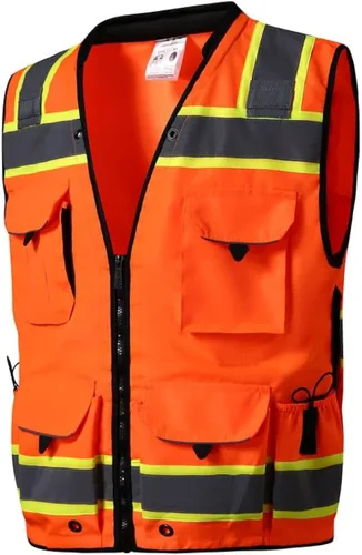 Miniatura 15 de SKSAFETY Chaleco de seguridad de nivel profesional con 10 bolsillos, chaleco de alta visibilidad clase 2 con cremallera, chaleco de alta visibilidad