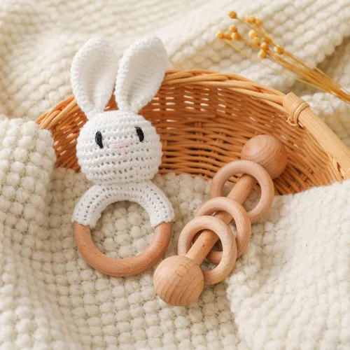 Miniatura 12 de Sonajero de madera para bebé,Sonajero de conejo de ganchillo con anillo de madera, Juguete de sonajero de animales de madera para recién Conejito-1
