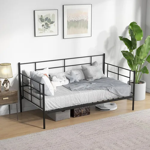 Giantex Marco de cama de metal tamaño individual, cama de día con respaldo alto con 16 listones y cabecera de 18 pulgadas, marco de cama