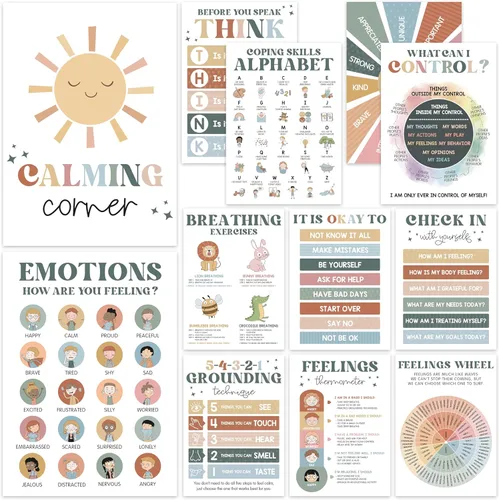 Miniatura 8 de 12 pósteres bohemios relajantes para el aula, tabla de ruedas de sentimientos y póster de emociones para niños, suministros de esquina para terapia