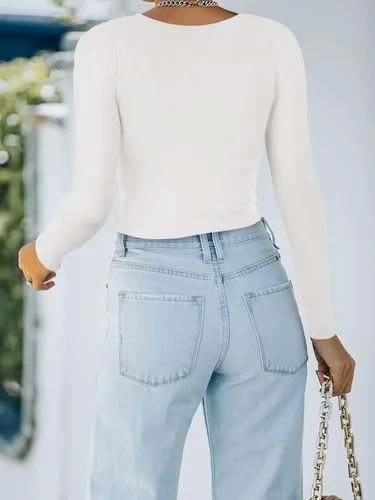 Miniatura 3 de REORIA Camiseta básica de manga larga con cuello redondo y doble forro para mujer