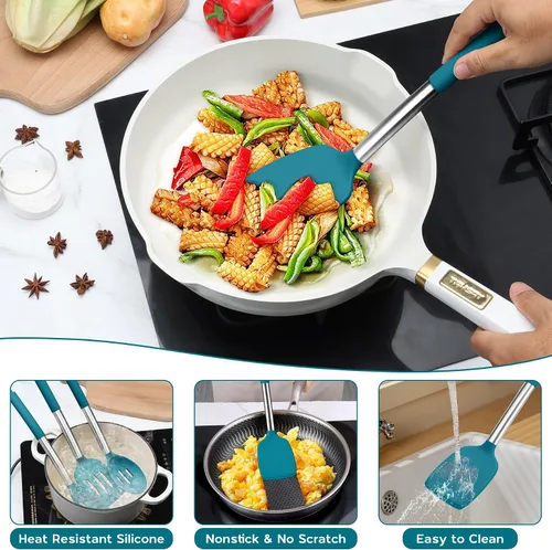 Miniatura 5 de Onader - Juego de utensilios de cocina de 15 piezas con soporte, espátula de silicona resistente al calor con mango de acero inoxidable, color azul