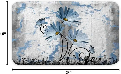 Miniatura 2 de Alfombra de baño rústica de granja, diseño de margaritas y mariposas en madera de campo, tapete de baño de madera color gris, blanco, azul marino
