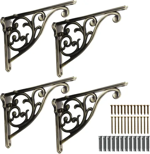Miniatura 42 de Soportes de estante de 4 pulgadas, paquete de 4 soportes de pared de latón antiguo de alta resistencia, estantes decorativos de cocina victoriana