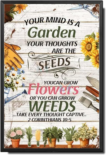 Miniatura 12 de Letrero de metal, letrero de hojalata vintage, arte de pared con texto en inglés "Garden Your Mind Love", arte de pared para jardín, jardín, regalo