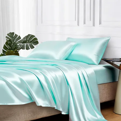 Miniatura 48 de MR&HM Sábanas de satén para cama de tamaño King, juego de 4 piezas de ropa de cama sedosa con bolsillo profundo de 15 pulgadas para colchón