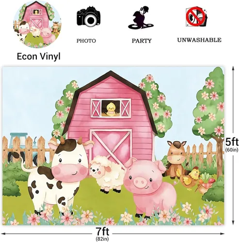 Miniatura 3 de Fondo de dibujos animados de 5 x 3 pies para fiesta de animales de granja, granero rosa, baby shower, cumpleaños, fotografía, fondo, tierras
