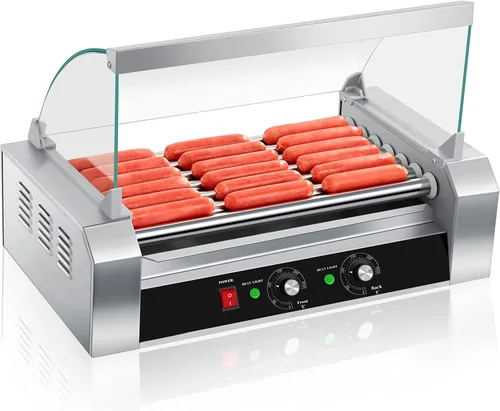 SYBO Rodillo para Perros Calientes - Capacidad de 18, Rodillos de Acero Inoxidable Antiadherentes, Cubierta de Vidrio Desmontable, 1000 Vatios,