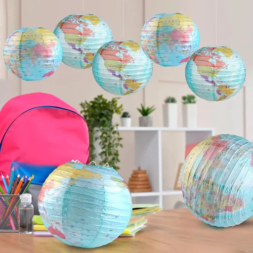 Miniatura 4 de 10 linternas de papel con mapa del mundo, 10 pulgadas, globos de papel, linternas de mapa, decoración de aula, mapa de viaje, linterna de papel