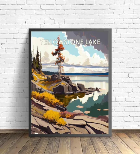 Miniatura 2 de Yellowstone Lake - Póster impreso artístico, ilustración, arte de pared, decoración de paisaje retro, paisaje, obra de arte para decoración de Lago