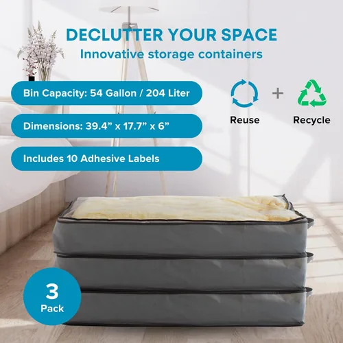 Miniatura 2 de NeatNestly SmartCube Bolsas de Almacenamiento Bajo la Cama - Paquete de 3 Contenedores Grandes Grises de 39" x 18" x 6" con Asas Reforzadas