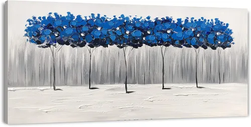 Yihui Arts - Pintura al óleo de árbol azul pintado a mano en lienzo, paisaje moderno abstracto, obra de arte para pared, decoración para sala de