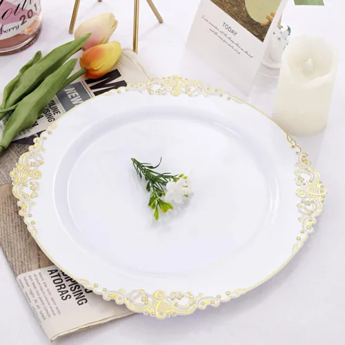 Miniatura 5 de Liacere 50 platos de plástico dorado y blanco, platos desechables de plástico dorado de 10.25 pulgadas, platos pesados de alta calidad para bodas